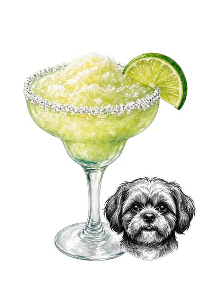 Illustration of Moca the dog beside a salt-rimmed margarita — The Mocha-rita