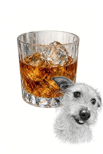 Illustration of Roscoe the dog beside a glass of bourbon on the rocks — Roscoe on the Rocks