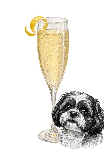 Illustration of Shoko the dog beside a champagne flute — The Shoko 75